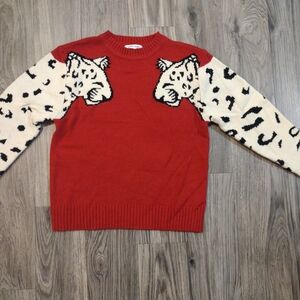 Angashion Red Knitted Pulover Sweater with Snow Leopard Print Sleeves